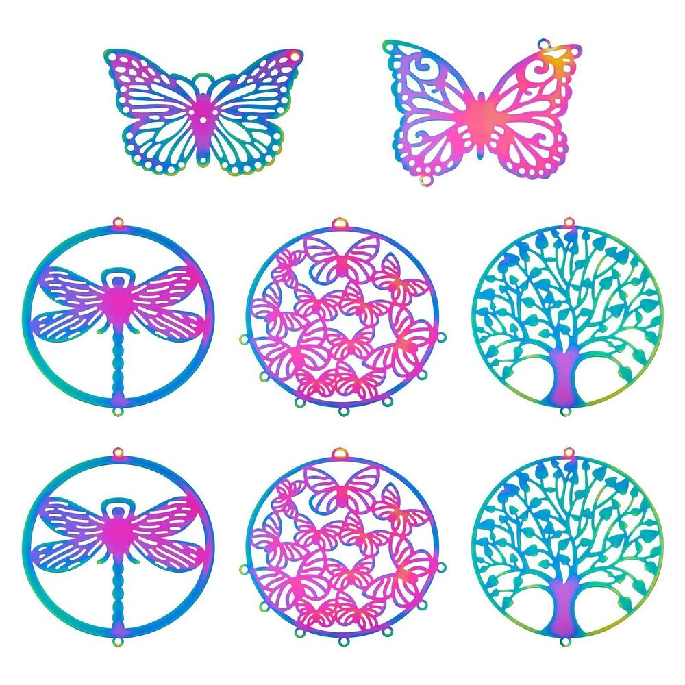 9673 10Pcs Stainless Steel Rainbow Filigree Pendants Butterfly Dragonfly